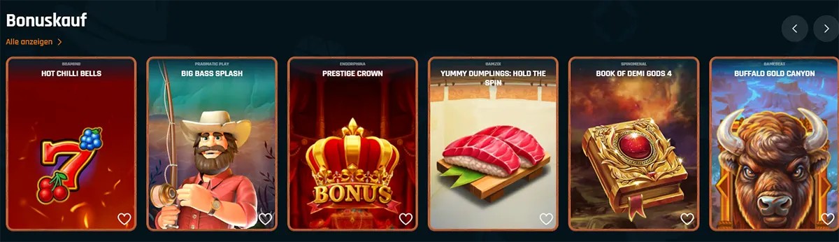 “Casino ‘Bonuskauf’ (bonus buy) game carousel with tiles for Hot Chilli Bells, Big Bass Splash, Prestige Crown, Yummy Dumplings: Hold the Spin, Book of Demi Gods 4, and Buffalo Gold Canyon, plus a ‘Alle anzeigen’ (view all) link and navigation arrows.”