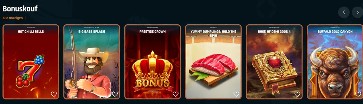 “Casino ‘Bonuskauf’ (bonus buy) game carousel with tiles for Hot Chilli Bells, Big Bass Splash, Prestige Crown, Yummy Dumplings: Hold the Spin, Book of Demi Gods 4, and Buffalo Gold Canyon, plus a ‘Alle anzeigen’ (view all) link and navigation arrows.”
