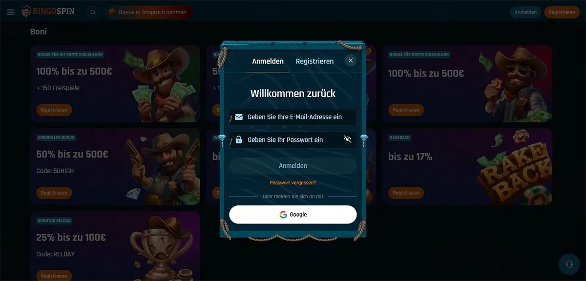 “German casino login pop-up (‘Willkommen zurück’) with tabs Anmelden/Registrieren, email and password fields, ‘Anmelden’ button, ‘Passwort vergessen?’ link, and Google sign-in over a blurred bonus page background.”