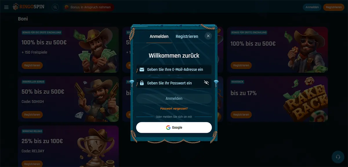“German casino login pop-up (‘Willkommen zurück’) with tabs Anmelden/Registrieren, email and password fields, ‘Anmelden’ button, ‘Passwort vergessen?’ link, and Google sign-in over a blurred bonus page background.”